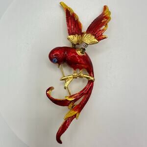Vintage gold tone trembler en tremblant red enamel phoenix bird brooch